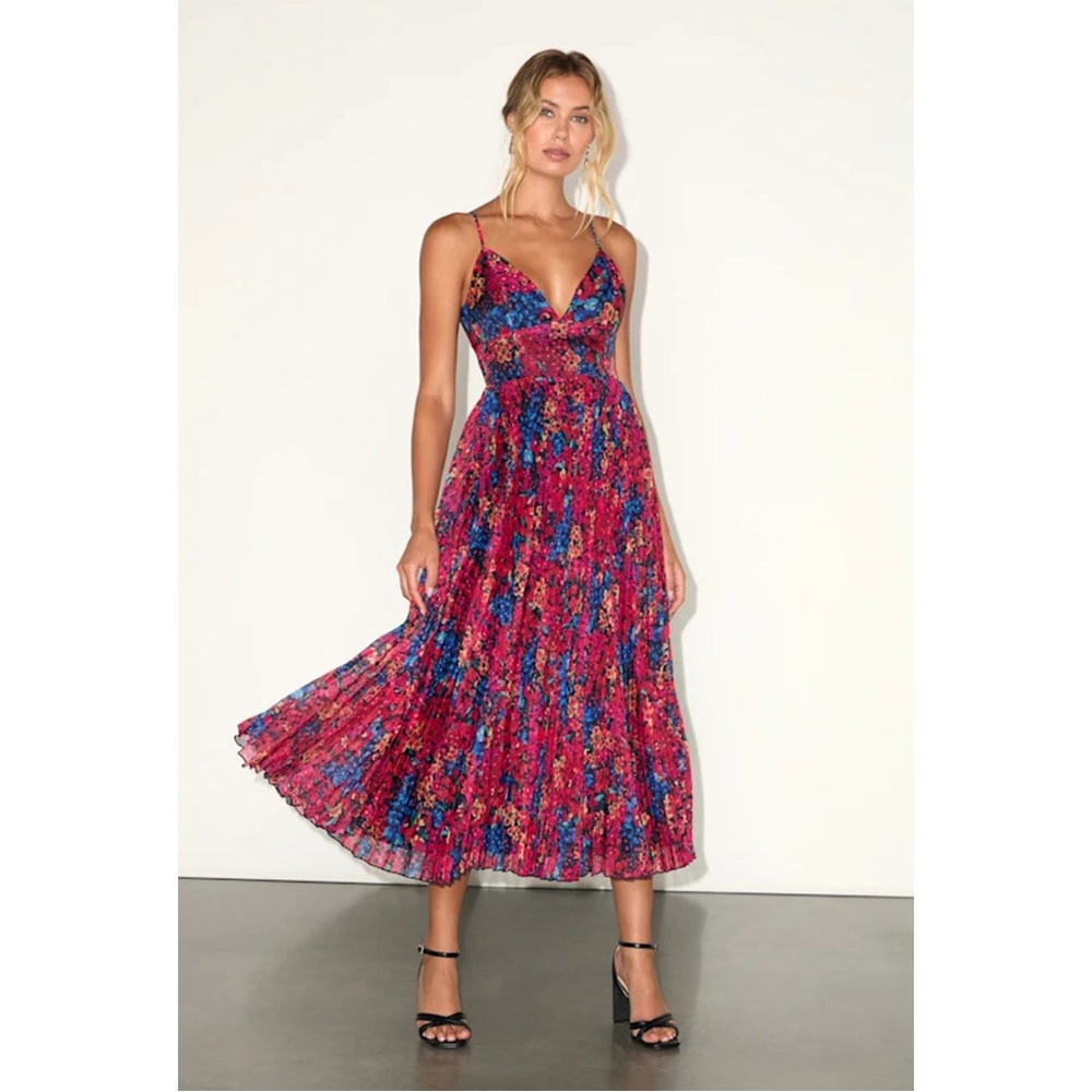 Lulus Sincerely Gorgeous Black Multi Floral Pleated Midi Dress